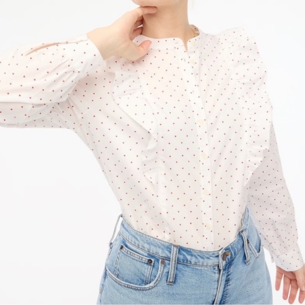 J Crew Heart Print Poplin Ruffle Top